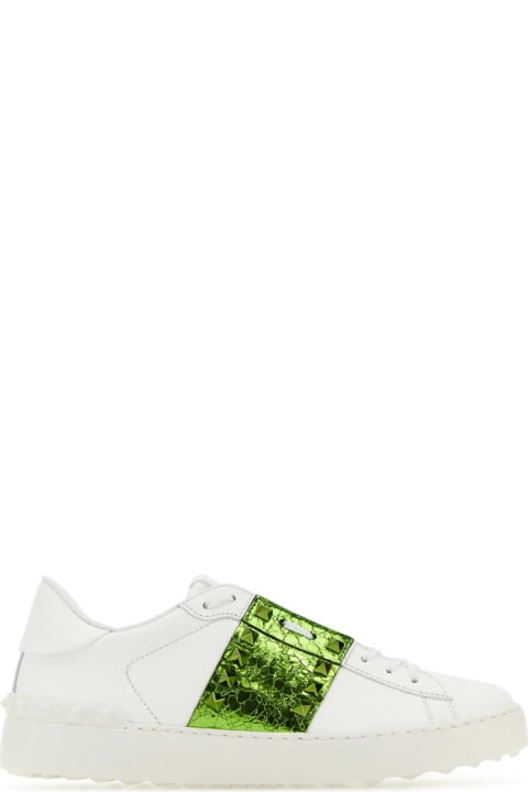 Valentino Garavani for Women Valentino Garavani White Leather Rockstud Untitled Sneakers With Grass Green Band