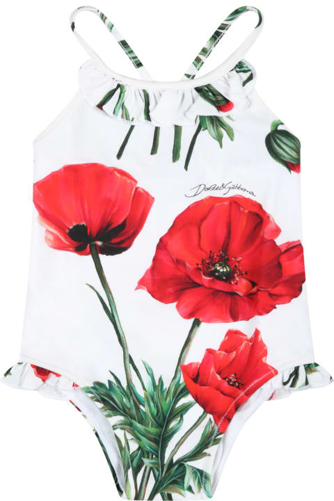 White Swimsuit For Baby Girl With  Poppies And Logo