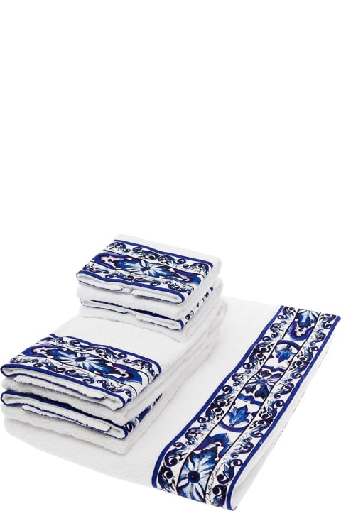 Dolce & Gabbana for Women Dolce & Gabbana Set Of 5 White And Blue Towels With Mediterraneo Print In Cotton Dolce & Gabbana