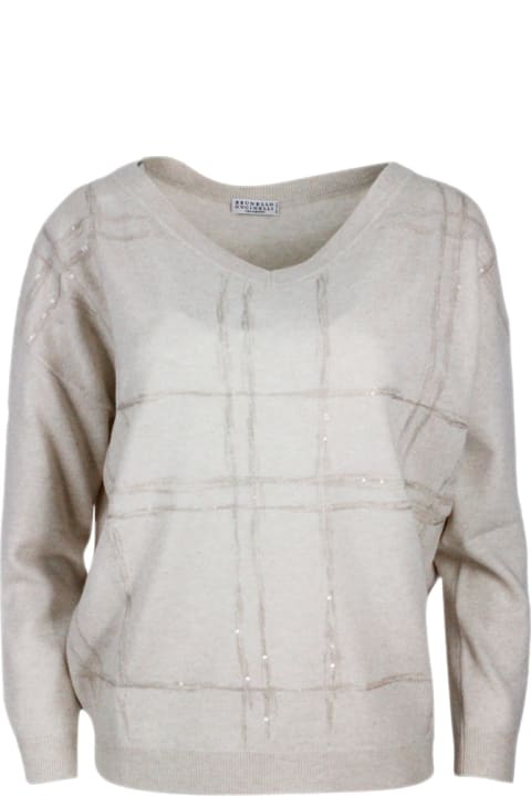 Brunello Cucinelli Clothing for Women Brunello Cucinelli V-neck Long-sleeved Oversized Sweater With Window Motif Embellished With Micro-sequins