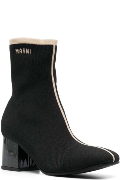 Marni Boots for Women Marni Black Ankle Boot In Leather With Medium And Wide Heel Ecru-colored Details