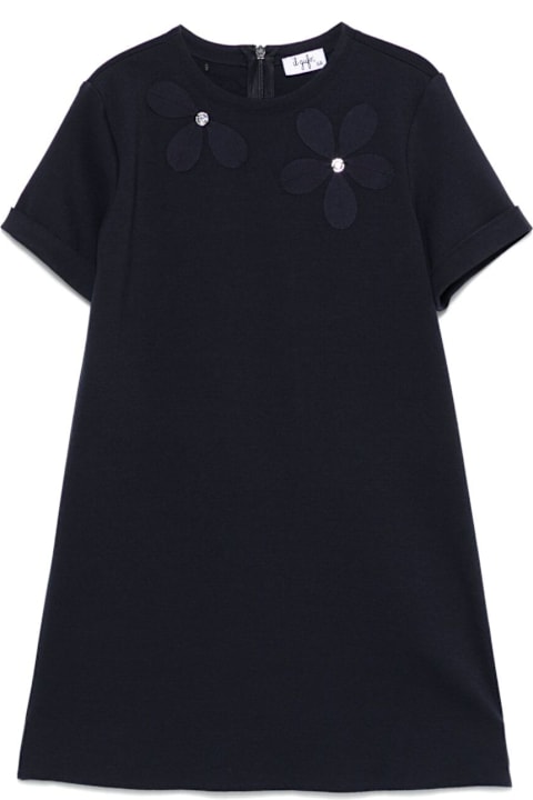 Homeware Il Gufo Blue Crewneck Dress With Floral Patches On The Front And Rear Concealed Zip Closure In Viscose Blend Stretch Girl