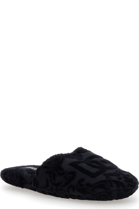 小物 Dolce & Gabbana Black Slippers With Dg Logo Jacquard In Cotton Terry