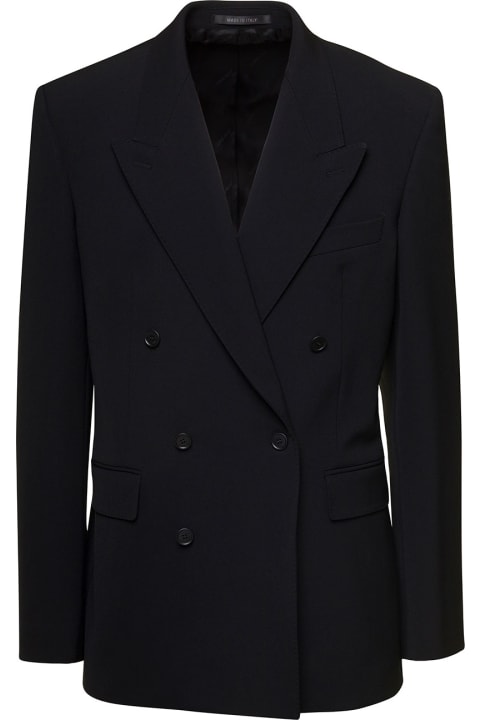 Black Double-breasted Blazer With Peaked Revers In Wool Blend Man