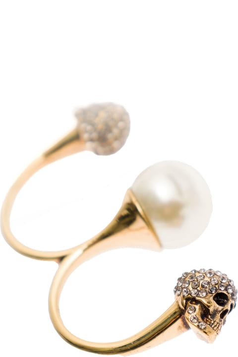 Gold-tone Double Ring With Crystal Embellished Skulls And Pearl In Brass