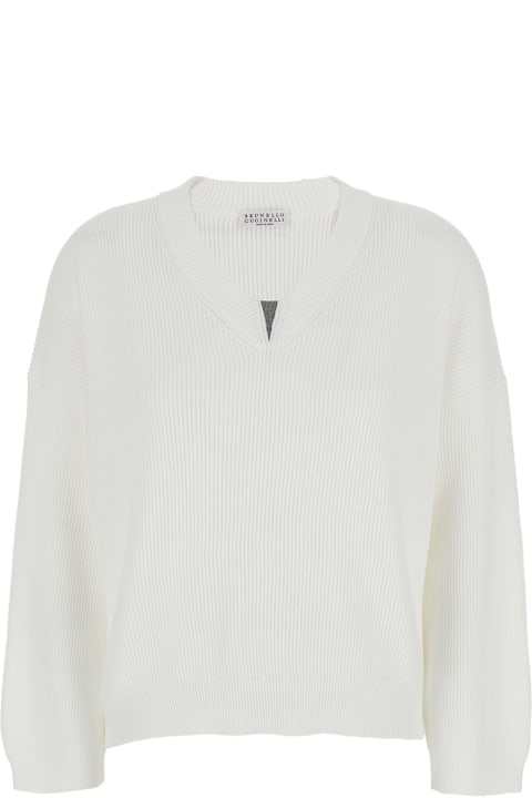 Brunello Cucinelli for Women Brunello Cucinelli White Sweater With V Neck And Monil Detail On The Neck In Cotton Woman