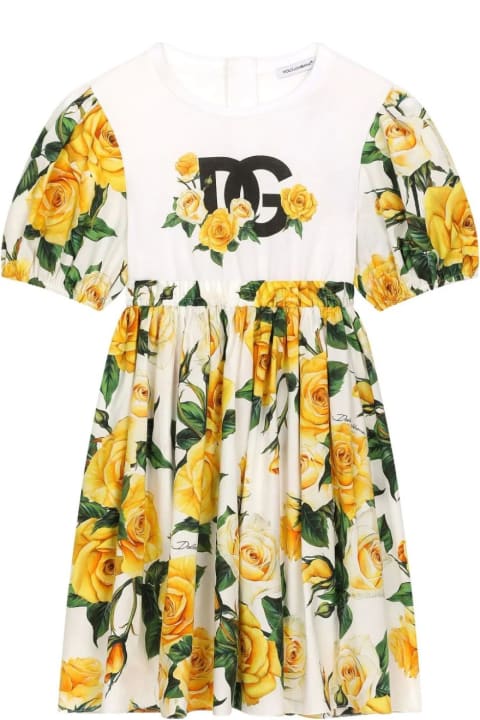 Dresses for Girls Dolce & Gabbana Jersey And Poplin Dress With Dg Logo And Yellow Rose Print