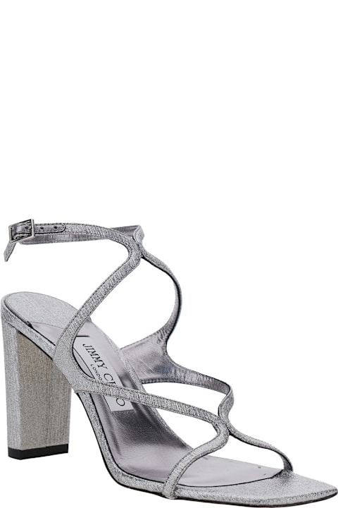 Homeware Jimmy Choo 
azie
 Metallic Sandals With High Stacked Heel And Criss-cross Strap In Tech Fabric Woman