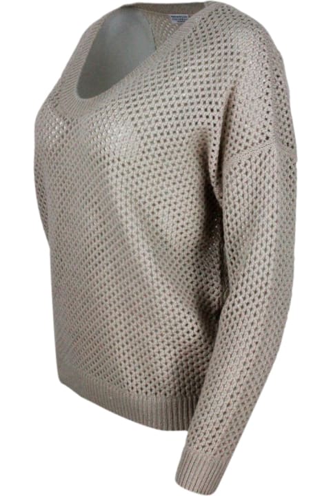 Sweaters for Women Brunello Cucinelli V-neck Sweater In Cashmere And Silk With Mesh Processing Embellished With Micro Sequins