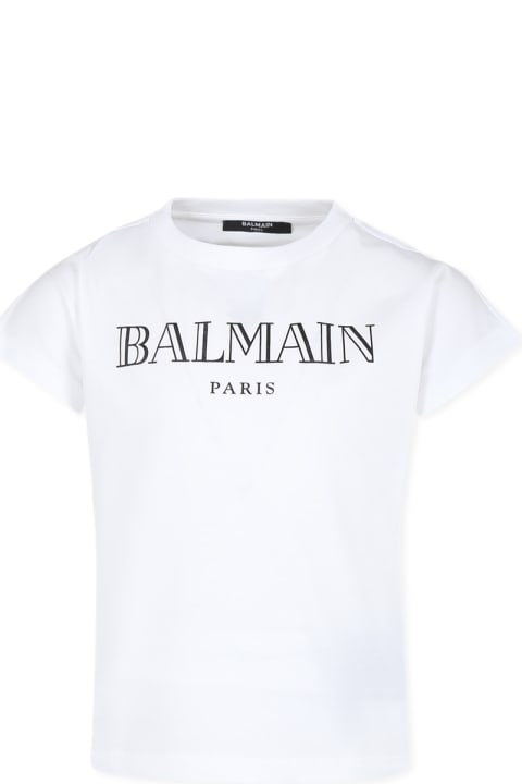 ガールズ トップス Balmain White T-shirt For Girl With Logo