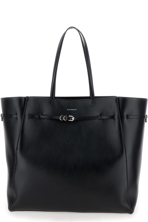 ウィメンズ新着アイテム Givenchy 'voyou Large East West' Black Tote Bag With Logo Detail And Belt In Leather Woman