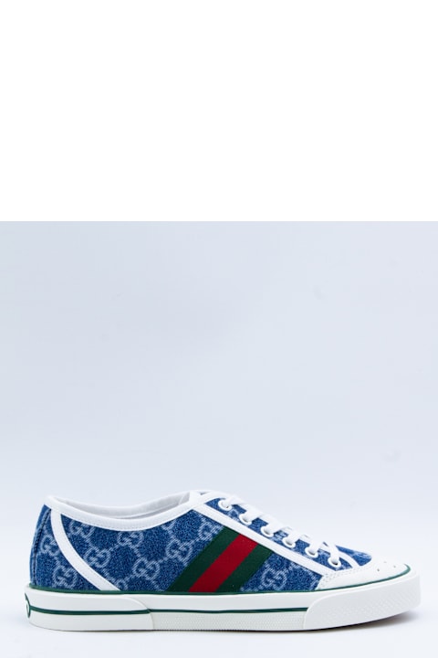 Gucci White And Blue Leather Sneakers