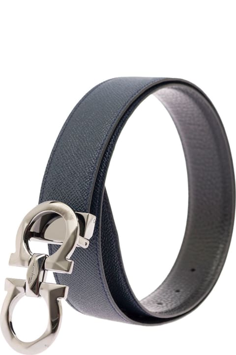 Salvatore Ferragamo Man 's Reversible Black And Blue Leather Belt With Logo Buckle