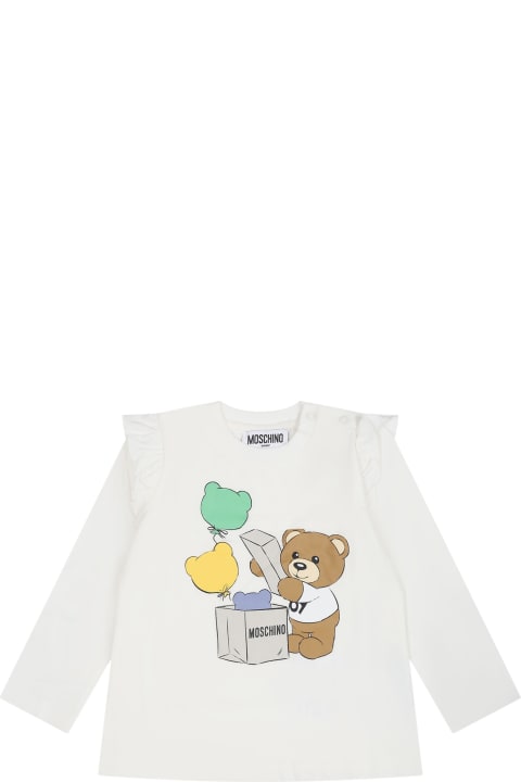 Topwear for Baby Boys Moschino White T-tshirt For Baby Girl With Teddy Bear And Print