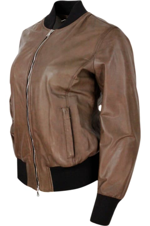 Bomber Jacket In Soft And Fine Hand-buffered Leather With College Collar And Zip Closure