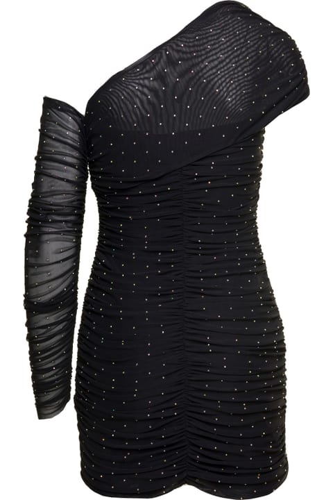 Fashion for Women Rotate by Birger Christensen Mini Black Asymmetric Dress With All-over Rhinestone Embellishment In Mesh Woman