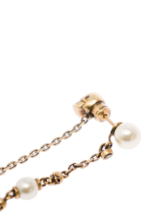 ウィメンズ Alexander McQueenのジュエリー Alexander McQueen Antique Gold-finished Drop Chain Earring With Skulls And Pearls In Brass Woman Alexander Mcqueen