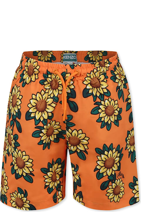 Homeware Kenzo Kids Orange Swim Shorts For Boy With Sunflower Print And Black Logo