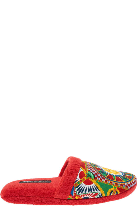 أدوات منزلية Dolce & Gabbana Red Slippers With Carretto Siciliano Print In Cotton Home