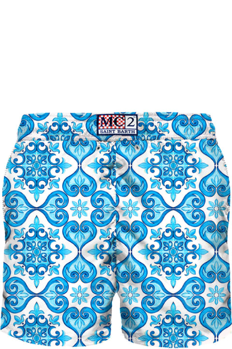 Fashion for Men MC2 Saint Barth Man Light Fabric Swim Shorts With Majolica Print