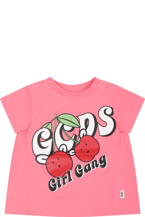 GCDS Mini T-Shirts & Polo Shirts for Baby Boys GCDS Mini Pink T-shirt For Baby Girl With Logo And Cherries Print