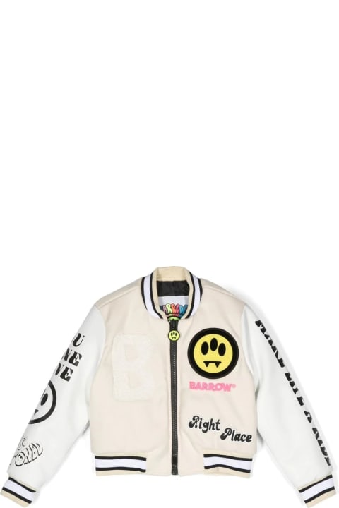Kids Cream And White Bomber Jacket With Prints