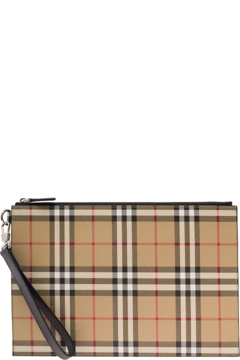 Beige Pouch With Vintage Check Motif And Detachable Wrist Strap In Cotton Blend Man