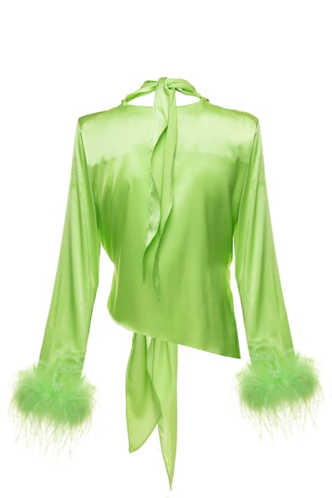 Green Feathers Trim Knotted Shirt In Silk Woman Verguenza