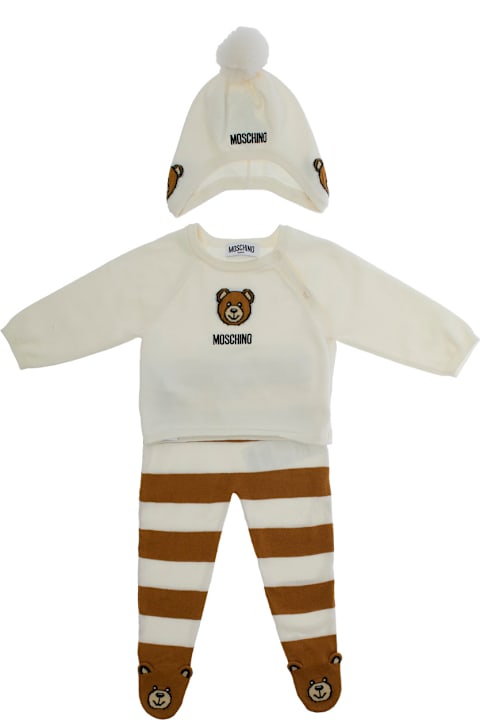 Moschino أطقم وبودي سوت لـ رُضع بنات Moschino White And Brown Three-pieces Set With Teddy Bear Print In Cotton And Wool Blend Baby