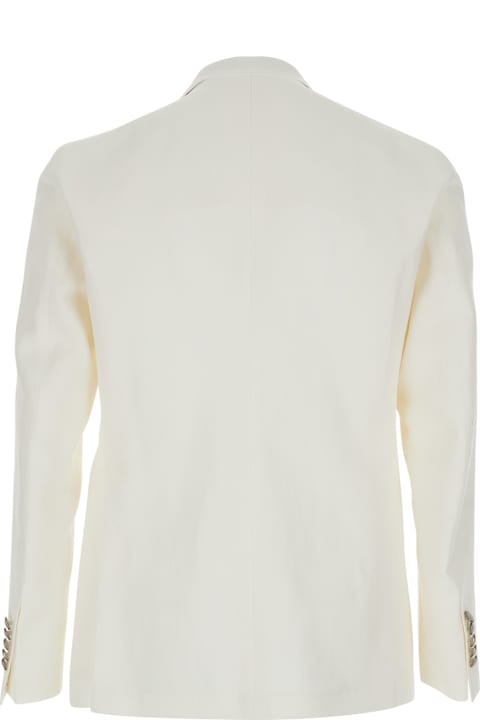 Homeware Tagliatore White Double-breasted Blazer With Logo Pin On The Front In Linen And Cotton Blend Man