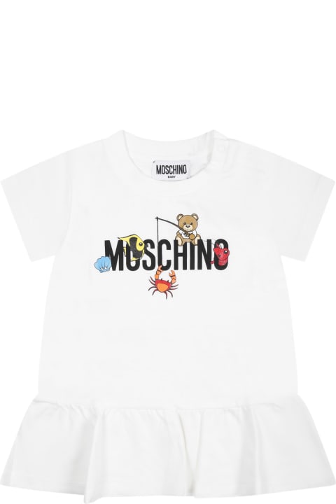 Fashion for Baby Boys Moschino White Dress For Baby Girl With Logo And Animals