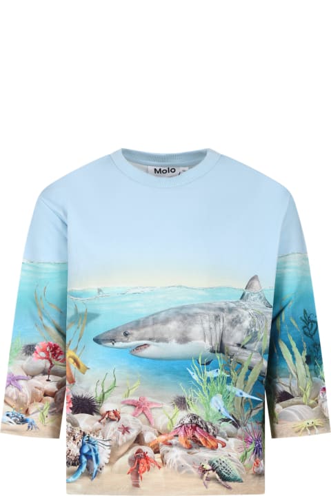 Molo Topwear for Boys Molo Light Blue Sweatshirt For Boy With Shark Print