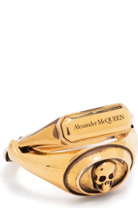 Gold-colored Double Ring With Skull Detail And Embossed Logo Lettering In Brass Woman