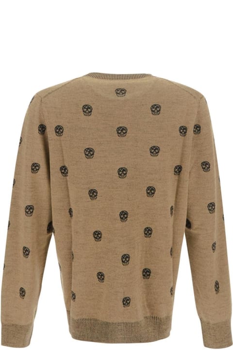 Alexander Mcqueen Skull Intarsia Knit Sweatshirt Beige In Camel