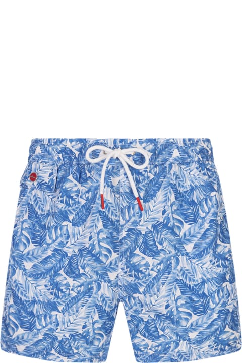 Swimwear for Men Kiton White Swim Shorts With Light Blue Foliage Print