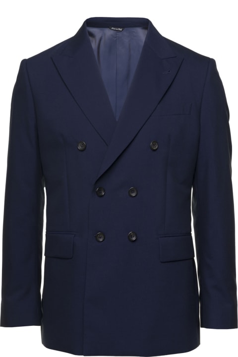 メンズ Reveres 1949のコート＆ジャケット Reveres 1949 Blue Double-breasted Blazer With Pointed Reverses In Wool And Cotton Blend Man