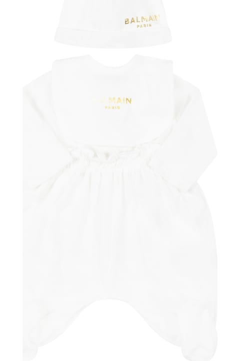 ベビーガールズ ボディスーツ＆セットアップ Balmain White Set For Baby Girl With Golden Logo