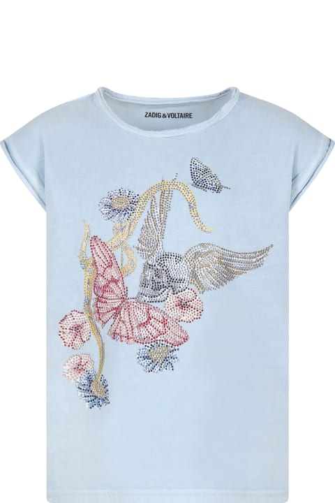 Zadig & Voltaire T-Shirts & Polo Shirts for Girls Zadig & Voltaire Light Blue T-shirt For Girl With Skull And Butterfly