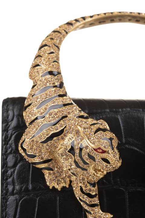Black Small Roar Shoulder Bag With Jewelled Tigers