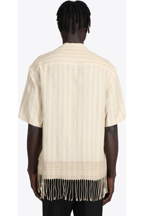 Short Sleeve Linen Camp Collar Shirt, Fringed Hem Striped beige linen shirt with fringed hem - Ture fringe