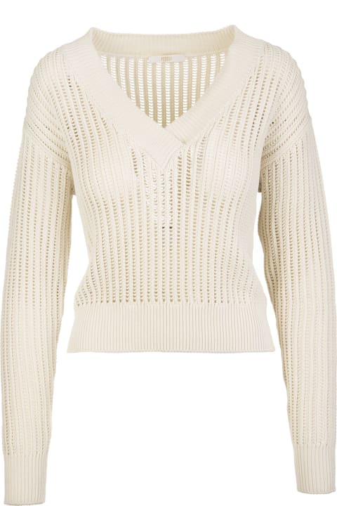 Woman Pullover In Ivory Knit With V-neck