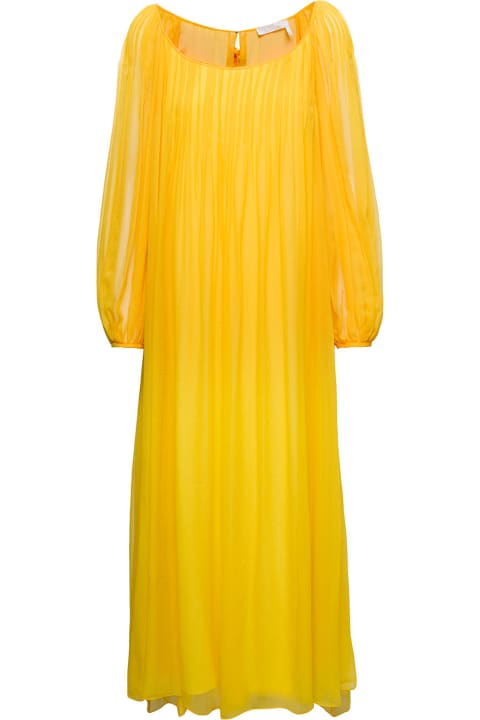 Long Yellow Tunic Pleated Dress With Rouche Detail In Silk Woman