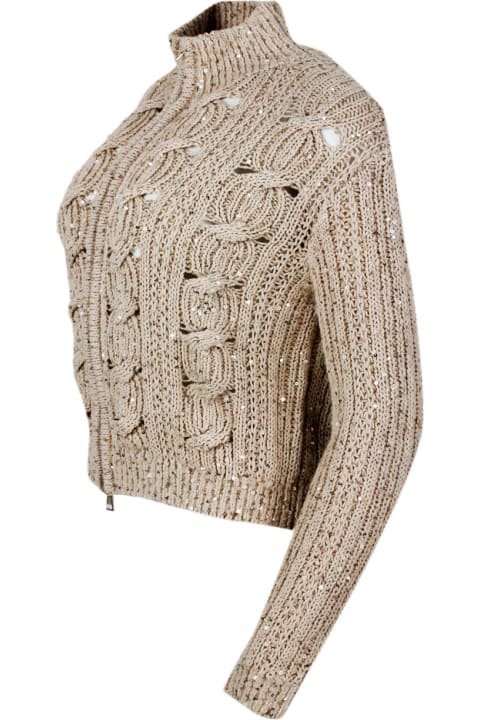 Lorena Antoniazzi Sweaters for Women Lorena Antoniazzi Long-sleeved Full-zip Cardigan Sweater In Cotton Thread With Braided Work Embellished With Applied Microsequins