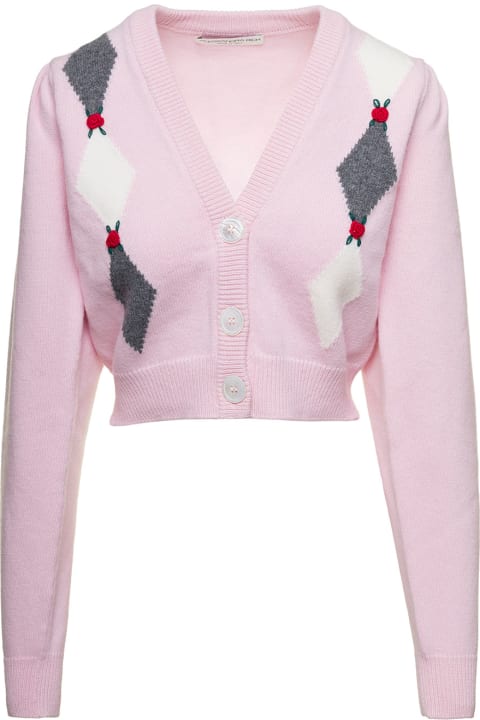 Alessandra Rich Sweaters for Women Alessandra Rich Pink Cardigan With 'diamond' Motif And Embroidered Rose Detail In Wool Woman