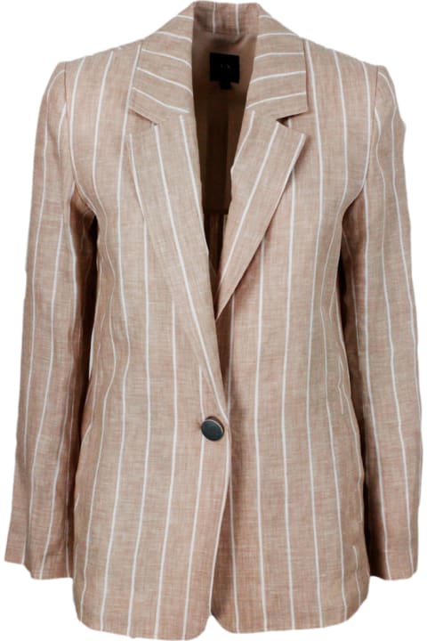Single-breasted Jacket In Light Linen With One Button Closure And Striped Pattern