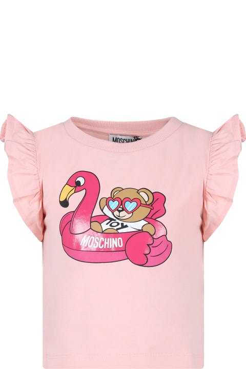 Moschino Topwear for Girls Moschino Pink T-shirt For Girl With Teddy Bear And Flamingo