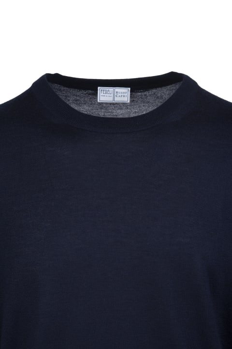 Fedeli Sweaters for Men Fedeli Dark Blue Round Neck Pullover In Cashmere And Silk