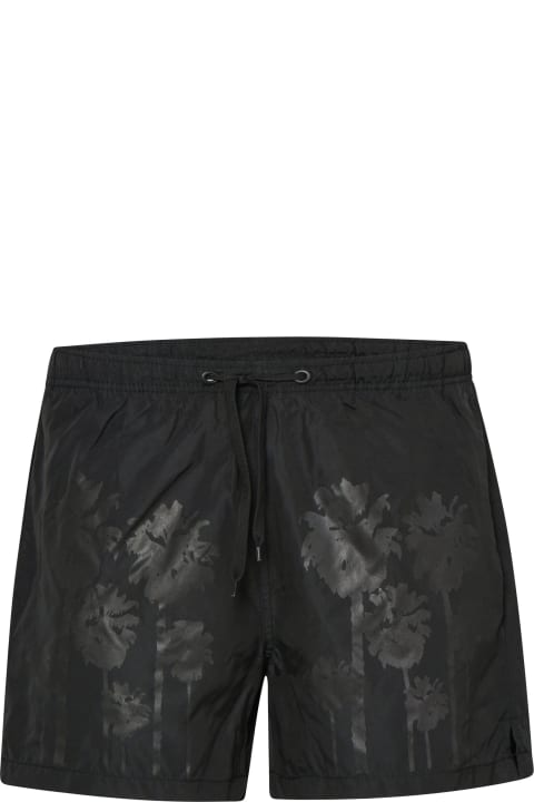 Black Swim Shorts With Black Printed Palms