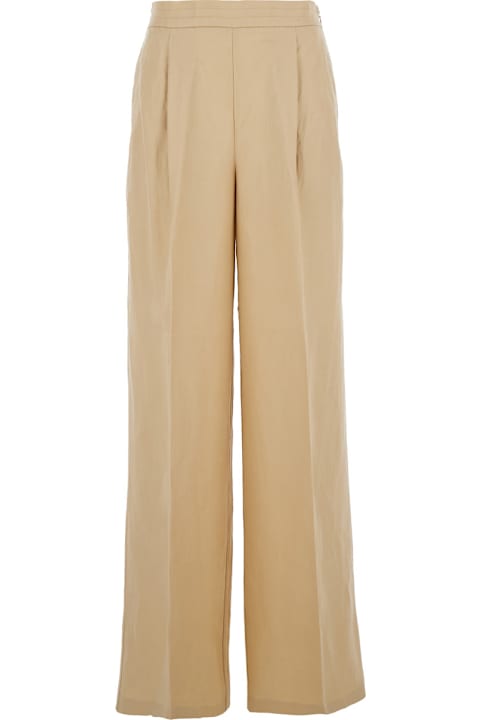 Homeware TwinSet Beige Palazzo Pants With Elastic Waist And Logo Plaque On The Back In Wool Blend Woman