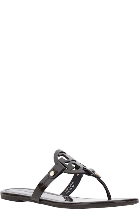 Tory Burch 'miller' Blackthong Sandals With Tonal Logo In Leather Woman